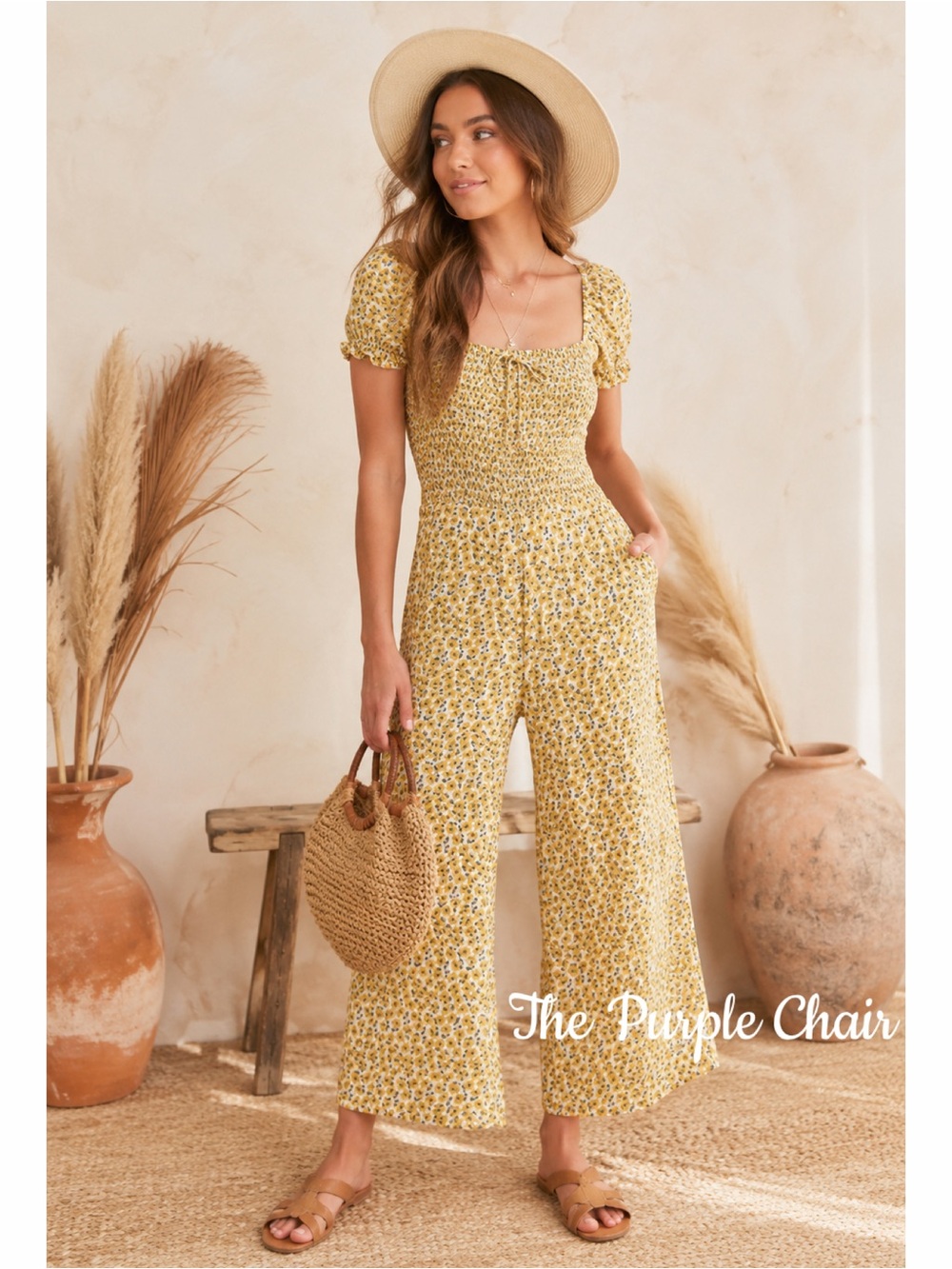 Faithful The Brand Boho Yellow Floral Laszlo Smocked Cropped Jumpsuit